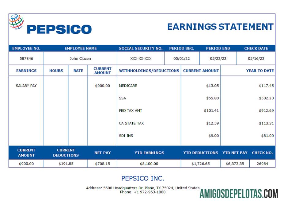 Recibo de pagamento da empresa produtora de bebidas dos EUA Pepsico Inc. exemplo